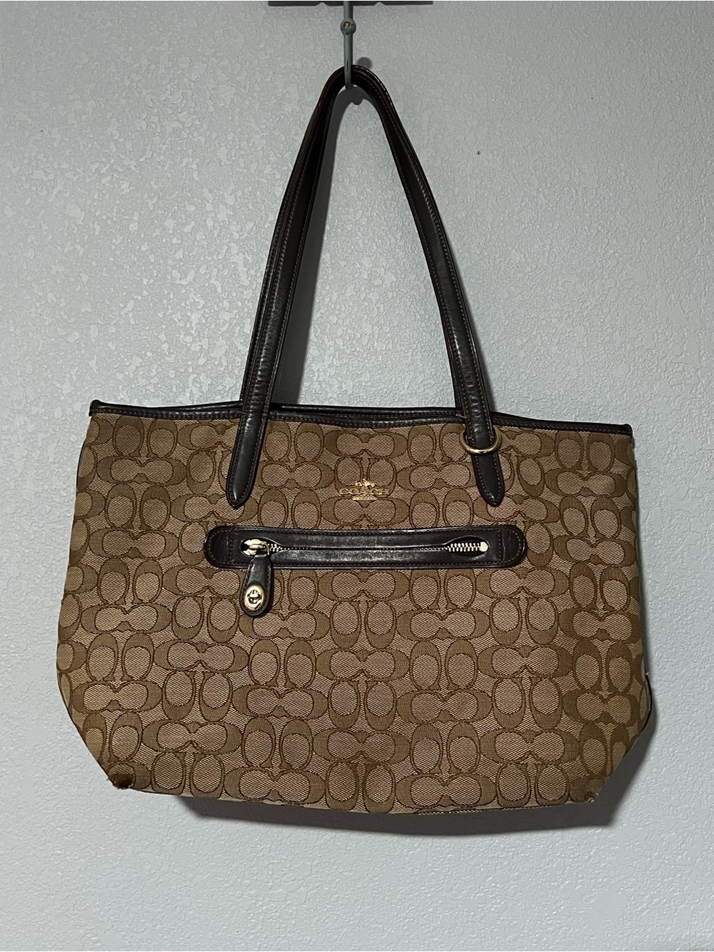 Coach Brown Signature Canvas Tote with Dark Brown Leather Trim